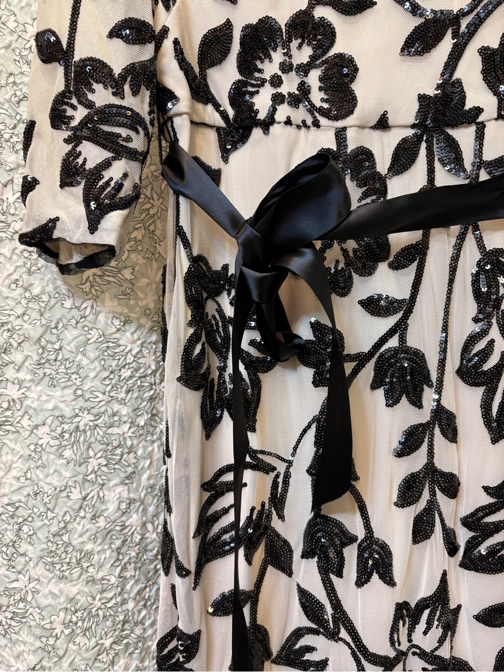 R&M Richards Cream Dress with Black Sequin Floral Embroidery and Satin Sash - Picture 9 of 9